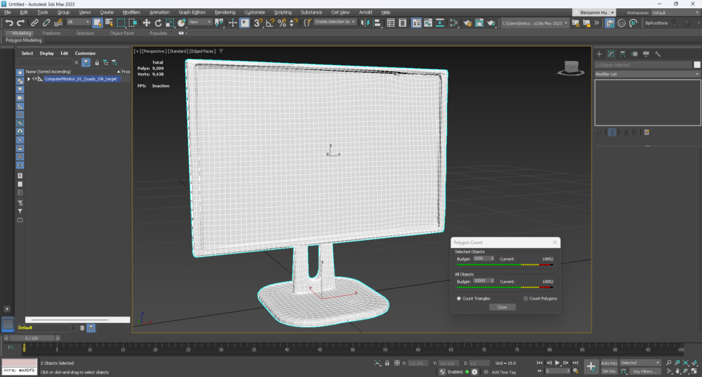 The same computer monitor mesh, with the wireframe and surface now visible because it was exported with a 10k polygon limit. The topology of the mesh is very uneven.