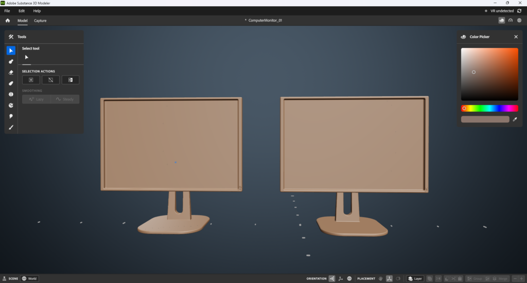 Two computer monitor models in Modeler that look identical but are two different resolutions.