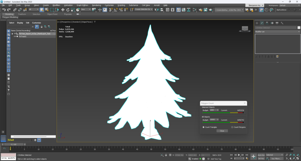 The tree model after being exported from Modeler. The model is now so dense that the wireframe obscures the surface.