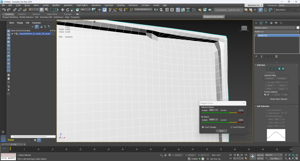 Zoomed in view of the 10k poly monitor model. The screen is warped where it meets the frame of the monitor as there are many defects in the geometry.