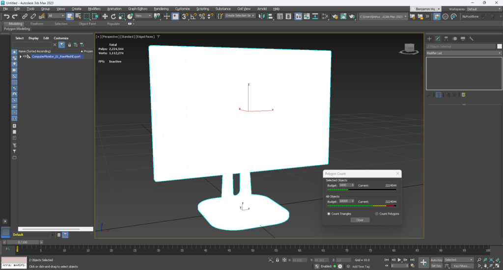 Exported monitor mesh from Modeler where the wireframe is so dense it shows up as solid white when selected.