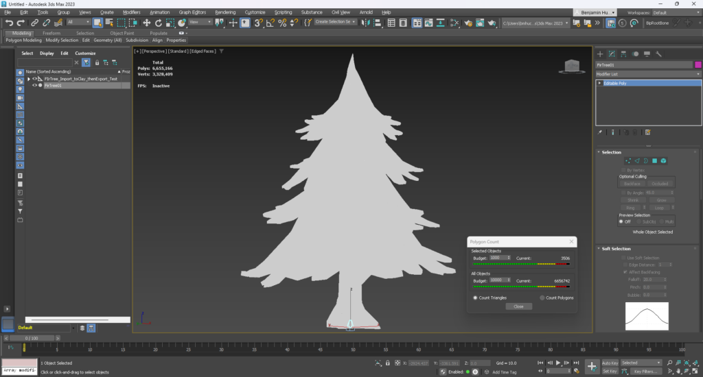 The very dense Modeler tree vs the original low poly tree, showing how the scale changed during the import and export from Modeler. The original tree is less than the height of the exposed roots of the Modeler tree.