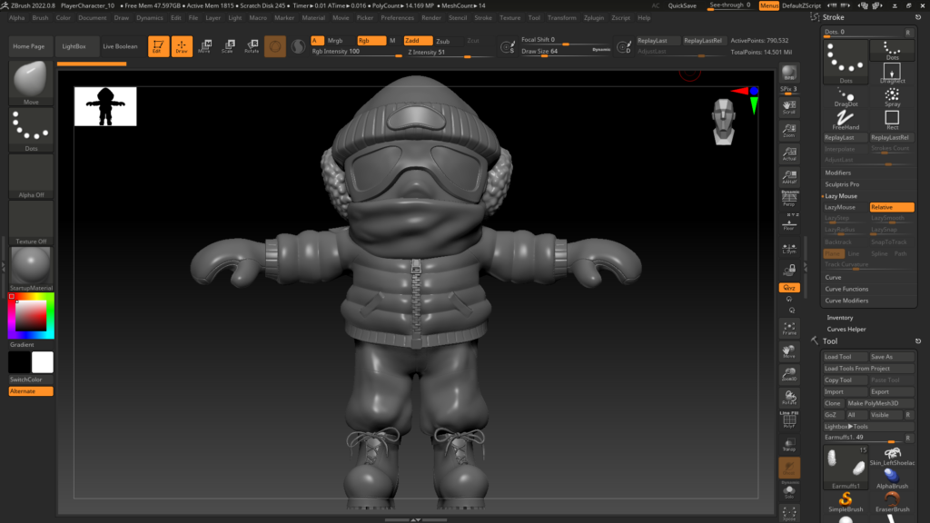 Screenshot of the ZBrush interface, which is extremely complicated, as a contrast to Modeler's interface.